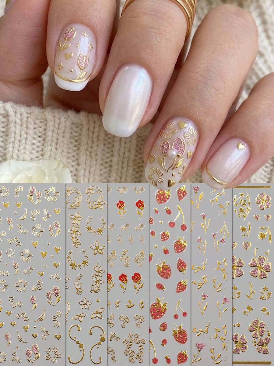6片金色镶边粉色闪光花朵美甲贴纸 - 复古玫瑰、草莓、散落花朵美甲贴花 - 甜美奢华3D立体质感DIY美甲装饰 - 适合春夏、婚礼、约会、下午茶派对