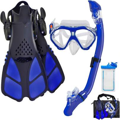 Set da snorkeling per bambini, maschera da snorkeling per bambini, attrezzatura da snorkeling, maschera da snorkeling + pinne regolabili per bambini + boccaglio asciutto + borse da viaggio
