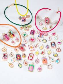 Collar ajustable de cuerda colorida con colgantes de esmalte intercambiables, colgantes de dibujos animados desmontables chapados en oro (patrones de gato, langosta, fruta, flor), set de joyas personalizables de verano para regalo - Multicolor - Ver 1