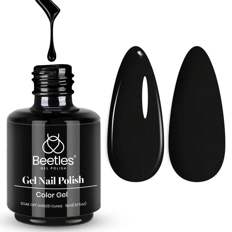 1PCS 15ml Beetles Black Gel Polish, Audrey Black Soak Off UV Gel Nail Polish, Classic Color Nail Art Decoration, Salon & Home DIY Manicure Design For Women - Creme Black - 查看 1