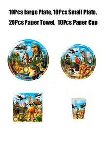 意大利溶解脑卡通动物主题派对用品套装，包括 7/9 英寸纸盘、餐巾纸、杯子、桌布、餐具，适合生日派对、主题派对、婚礼等。 - 彩色 - 查看 8