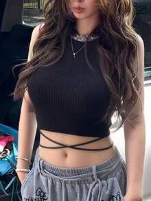 2026 Summer New Black Sexy Knit Camisole Top, Cross Strap Fitted Cropped Vest For Women - Black - View 2