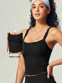 Top de yoga sin costuras acanalado, top corto de tirantes para actividades deportivas - Negro - Ver 2