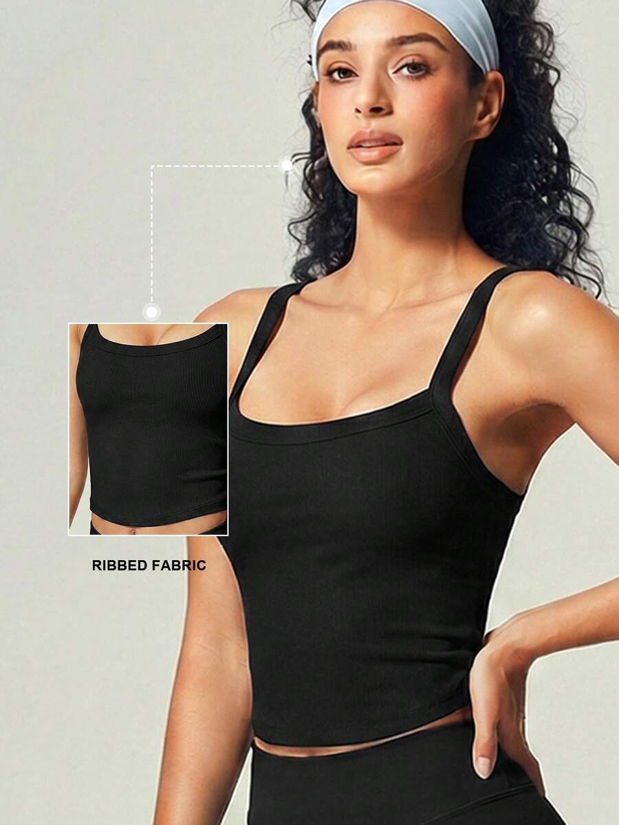 Áo tank top yoga gân nổi không đường may, áo thể thao dáng ngắn kiểu racerback. - màu đen - Xem 1