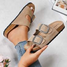 lunryet Cork Footbed Sandals For Women – Comfortable Double Buckle Slip-On With Genuine Suede Footbed & Arch Support Slides For Women Footwear - MÀU NÂU ĐỎ - Xem 9