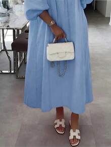 Women's Loose Solid Color Patchwork Party Ruffle Hem Dress, Elegant Casual For Spring & Summer - Baby Blue - View 3