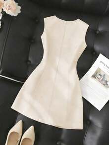 Vestido de mujer de unicolor, cuello redondo, ajustado, con lazo delantero y sin mangas - Azul - Ver 9