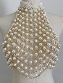 ZHENGHEN Pearl Mesh Spaghetti Strap Bodychains Top, White Pearl Beaded Cropped Blouse, Luxury Beach Festival Body Jewelry - Gold - View 6