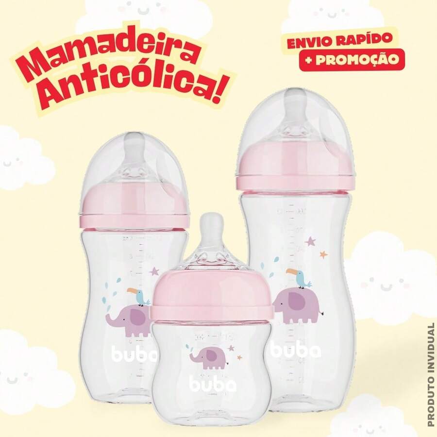 Mamadeira Easy Flow Mamadeira Anticólica Bico de Silicone Ultrasoft 120ml-270ml-330ml Buba | Elefante Rosa