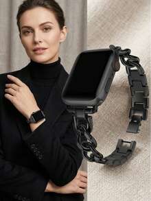 一款黑色不锈钢表带，兼容 1 2 3 4 5 SE 6 7 8 Ultra，尺寸包括 49mm、45mm、44mm、40mm、38mm、41mm 和 42mm。时尚智能手表表带，可作替换表带、智能手表配件，金属表带，兼容 系列。 - 黑色 - 查看 4
