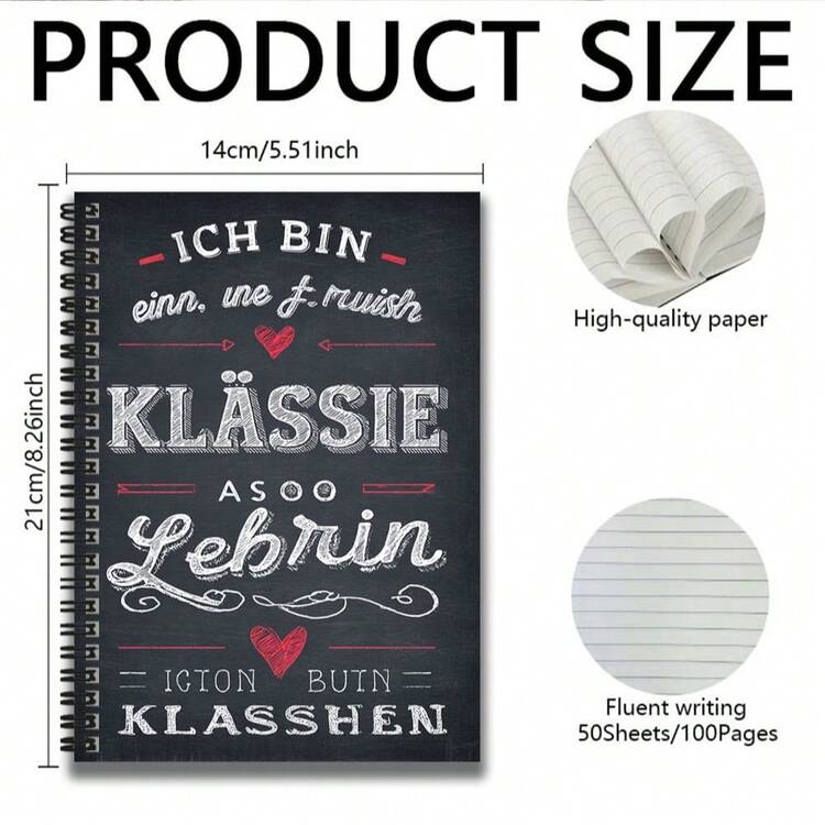 1pc German Style Creative Spiral Notebook, Cover With German Text And Heart Elements, Eye-Catching. 100 Pages High Capacity, Suitable For Work Records, Study Notes, School Assignments. Great For Graduation, Birthday Gifts, Can Be Used As Diary, Daily Planner, Memo, Quality Gift Choice. - Z - View 6