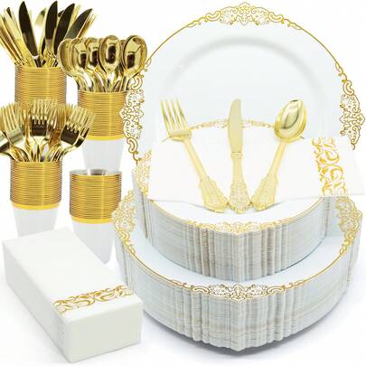 350PCS Plastic White Gold Plates For Party Dinnerware Sets For 50 Guests, Vintage Disposable Plastic Party Plates Cups Spoons Forks Knives Napkins For Wedding Birthday Christmas BBQ Parties