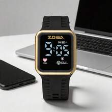 ZOEA Men's LED Touchscreen Watch, Waterproof Silicone Strap, Sporty And Casual Design - Cangkang emas sabuk hitam - View 1