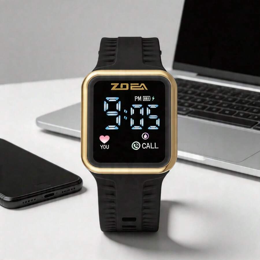 ZOEA Men's LED Touchscreen Watch, Waterproof Silicone Strap, Sporty And Casual Design - Cangkang emas sabuk hitam - View 1