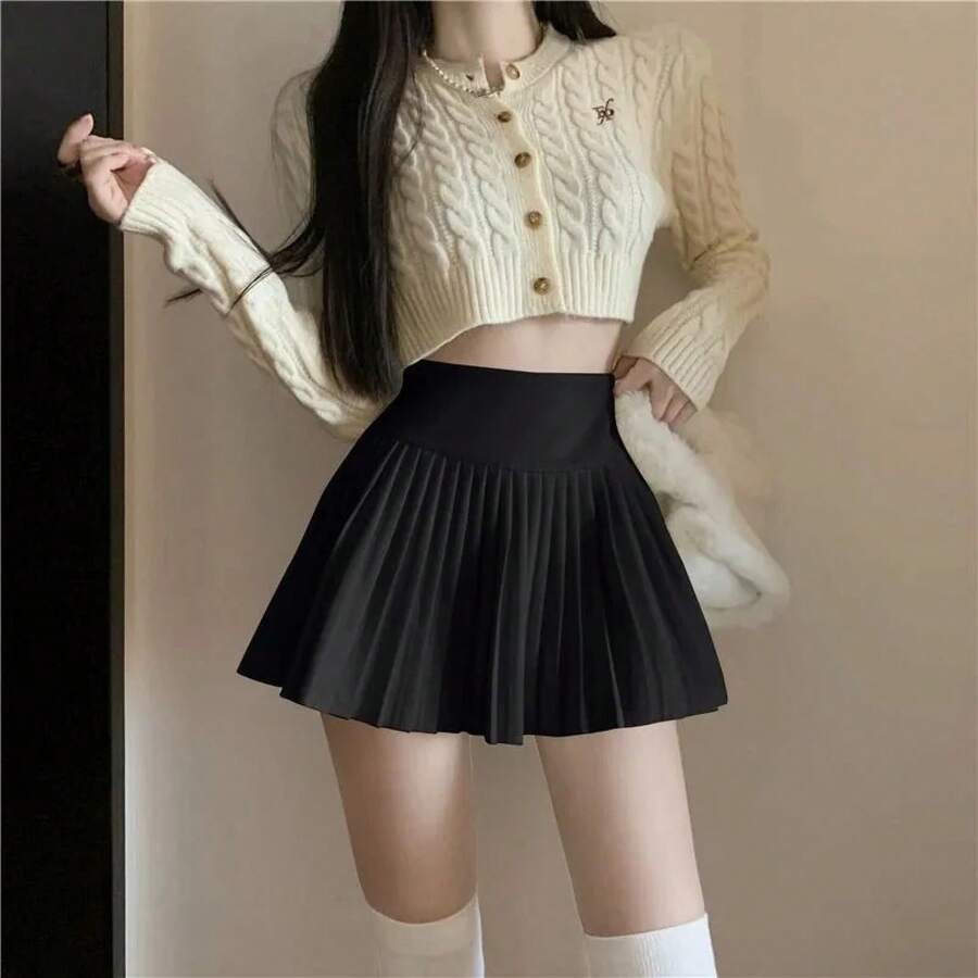 Minifaldas sexis de cintura alta para mujer, Falda plisada Vintage con cremallera lateral, faldas de tenis blancas para Estudiante Coreano, cortas, negras, de verano - Negro - Ver 1