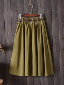 Falda Midi hasta la rodilla de verano para mujer con cinturón, falda escolar plisada de cintura alta coreana a la moda para mujer - Verde militar - Ver 1