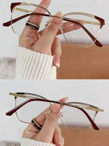 1 par de gafas de mujer con marco de metal y lentes transparentes, con forma de ojo de gato, diseño versátil, accesorio de gafas transparentes - oro negro - Ver 10