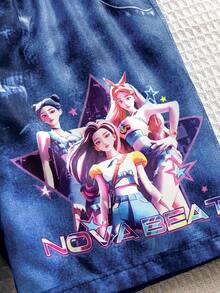 Conjunto de 2 piezas estiloso de degradado púrpura para niñas jóvenes, con parte superior estampada de dibujos animados y shorts estampados, adecuado para actividades diarias, escuela, salidas de fin de semana, fiestas, festivales de música y sesiones de fotos en primavera/verano - Morado - Ver 9