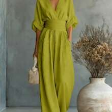 2026 New Women's Linen-Blend Jumpsuit, Deep V-Neck Half-Sleeve Belt Wide-Leg Pants, Elegant Casual Jumpsuit With Pockets, Suitable For Daily Wear In Summer Vacation - 橄欖 - 查看 1