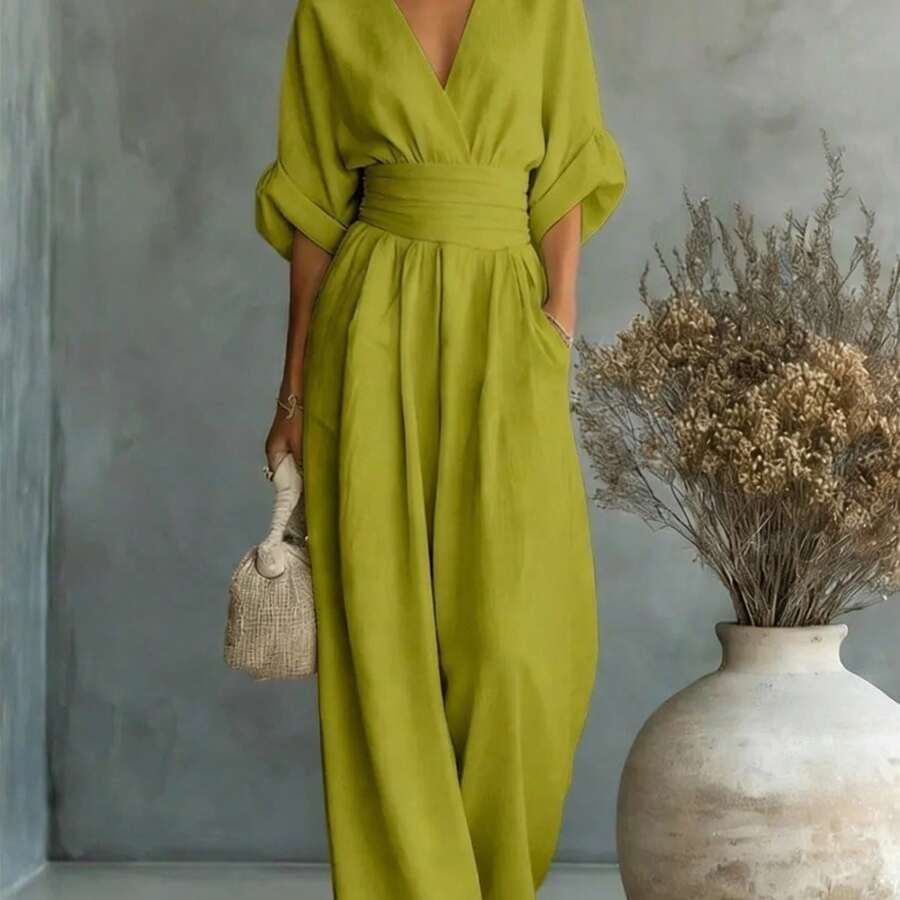 2026 New Women's Linen-Blend Jumpsuit, Deep V-Neck Half-Sleeve Belt Wide-Leg Pants, Elegant Casual Jumpsuit With Pockets, Suitable For Daily Wear In Summer Vacation - 橄欖 - 查看 1