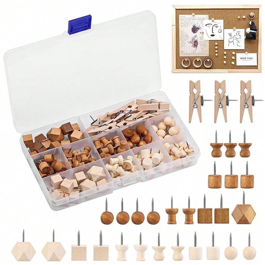 114pcs Wooden Push Pins Set With Storage Box, 2 Colors, 7 Styles, Decorative Wooden Head Push Pins For Map Marking, Bulletin Board Decor - Boxed - View 1