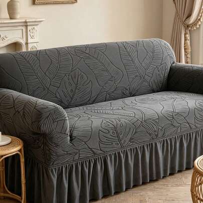 1 chiếc bọc ghế sofa họa tiết lá màu xám, có chun co giãn, kiểu dáng xếp nếp, bảo vệ ghế sofa, phong cách tối giản hiện đại, chống bụi, chống trượt, dày dặn, phù hợp với ghế sofa 1/2/3/4 chỗ ngồi, trang trí nhà cửa.