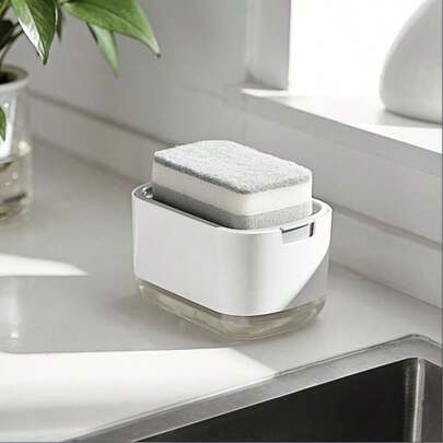 1pc Modern Gray & White ABS Plastic Dish Soap Dispenser With Sponge Holder, Hand Wash Only, Non-Electric, Non-Food Contact, Lightweight Square Kitchen Sink Accessory, Solid Color Simple Design, Polypropylene Kitchen Liquid Soap Pump With Sponge Holder, Manual Foam Soap Pump Suitable For Dish Washing, Pot Cleaning, Bathroom And Hotel