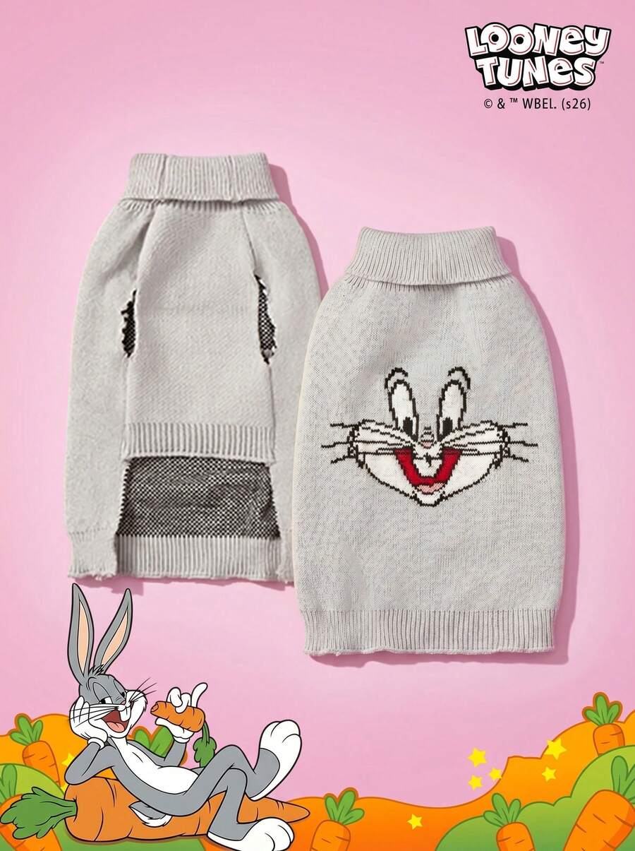LOONEY TUNES X PETSIN 1 chiếc áo len cho chó mèo, thú cưng, màu nâu, họa tiết hoạt hình Jerry, chất liệu jacquard, cổ cao, co giãn, thoải mái, ấm áp. - màu nâu - Xem 1