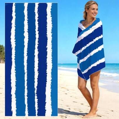 1 chiếc khăn tắm biển in một mặt họa tiết sọc xanh trắng, chất liệu microfiber siêu thấm hút, thích hợp cho du lịch, bơi lội, lặn biển, lướt sóng, yoga, cắm trại.