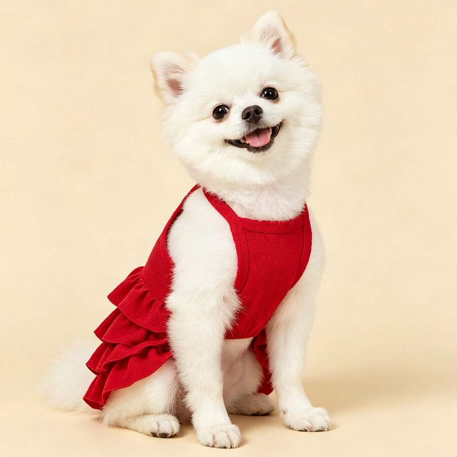 1pc Luxury Pet Suspender Multilayer Ruffle Dress, Fashionable & Elegant Wedding Season Suitable For Cats & Dogs, Soft & Breathable Animal Clothing, Lightweight & Comfortable For All Seasons - Red - View 1