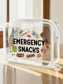 Emergency Snack' Letter Print PVC Cosmetic Bag, Zipper Sealed PVC Travel Organizer Pouch, Lightweight & Durable, Suitable For Women & Girls' Cosmetics & Toiletries, TSA Approved Portable Makeup Case, Easy To Wipe And Clean, Ideal Gift For Mothers, Teachers, Friends And Nurses - 彩色 - 查看 1