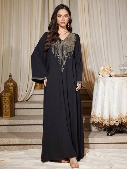 Loose Fit V-Neck Long Sleeve Elegant Beaded Robe, Handmade Embellished Abaya For Women Black