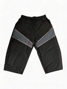 Pantaloncini casual da uomo a contrasto di colore, con texture a nido d'ape, vestibilità morbida, pantaloni sportivi - nero - Visualizzare 2