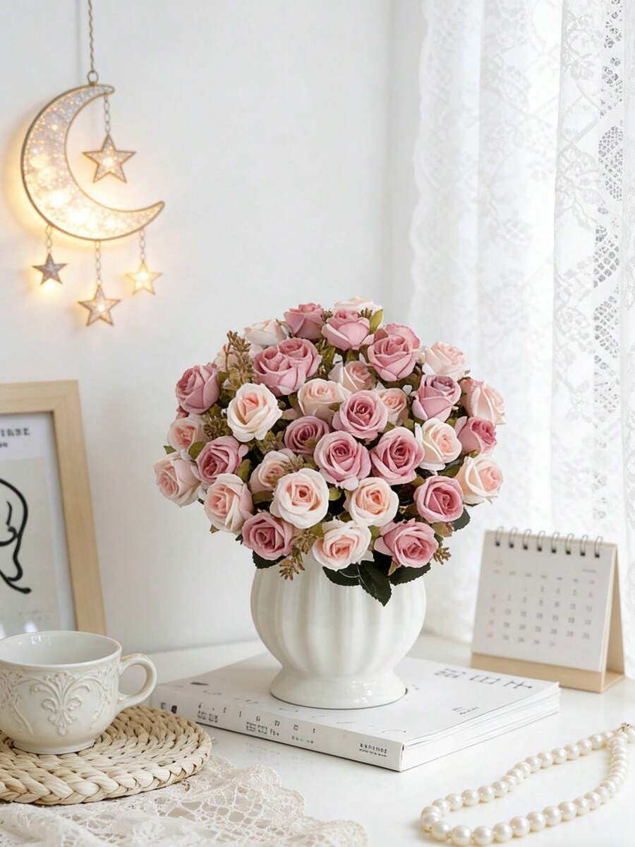 1 Strauß künstliche Rosen, geeignet für Heimdekoration, Hochzeit, Brautstrauß, Valentinstag, Geschenk, Geburtstag, Abschlussfeier - Pink - Übersicht 1