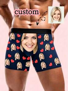 1 pieza Calzoncillos tipo bóxer personalizados para hombre con estampado de foto, patrón de corazón rojo, elásticos, transpirables, divertidos y creativos, con caja de regalo - Multicolor - Ver 2