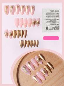 24pcs 3D Stereo Nail Patches, Medium Almond Shape, Gold Line Art Decorative Flower Pattern, Reusable, Full Cover False Nails, Luxury Style, Matte Surface, Suitable For Women And Girls Daily Wear - Gold - View 4