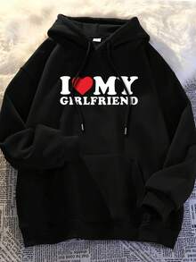 Men's Casual Hoodie - Printed With The Words "I Love My Girlfriend," Loose-Fitting Pullover, Suitable For Autumn And Winter, Washable Comfortable Clothing, Fun Design With Soft Fabric - Black - View 1