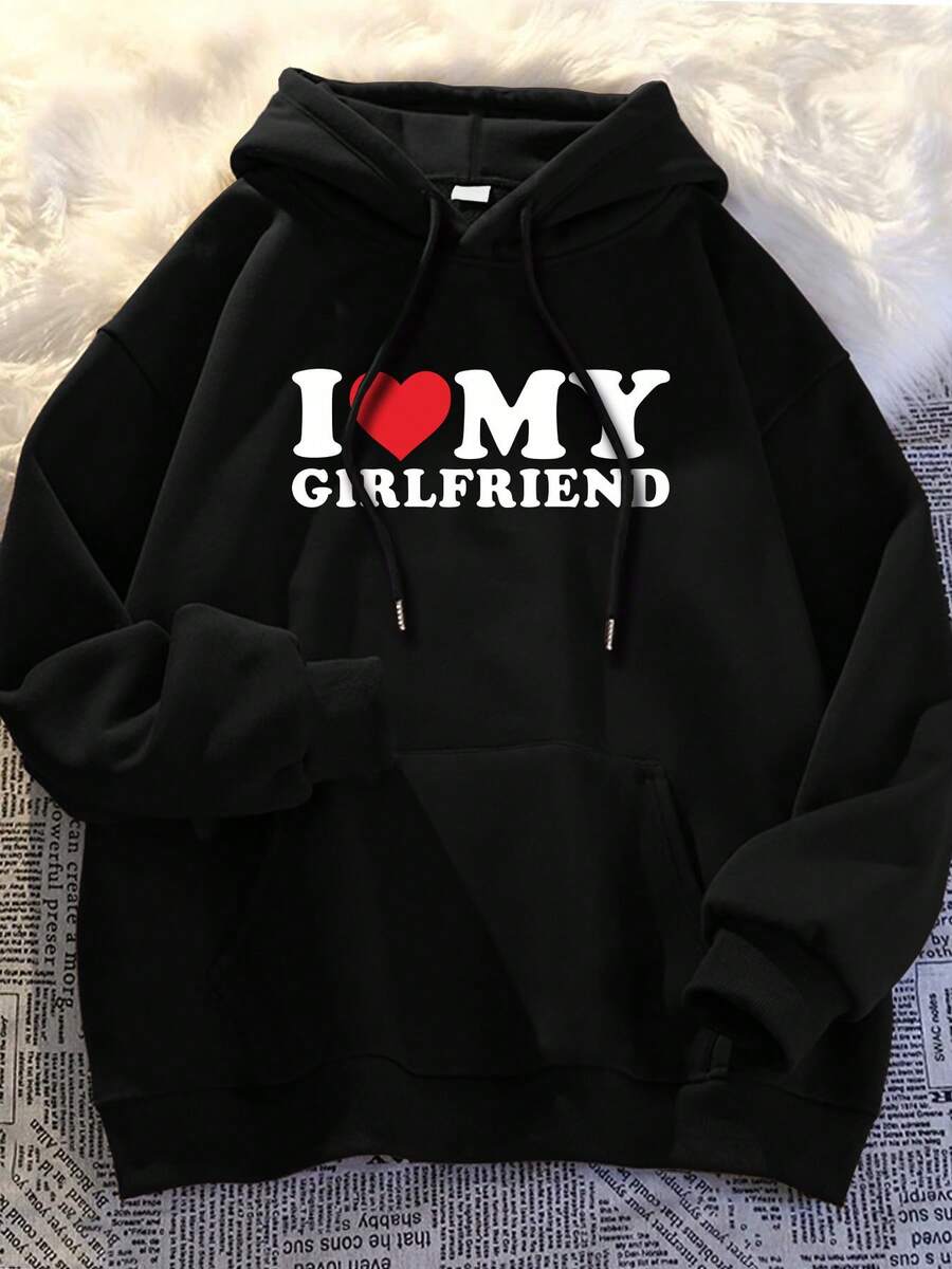 Men's Casual Hoodie - Printed With The Words "I Love My Girlfriend," Loose-Fitting Pullover, Suitable For Autumn And Winter, Washable Comfortable Clothing, Fun Design With Soft Fabric - Black - View 1