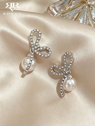 1 paar modieuze, luxe, delicate oorbellen met strik en imitatieparels, elegant en geschikt voor dagelijks gebruik, feestjes en bijeenkomsten.