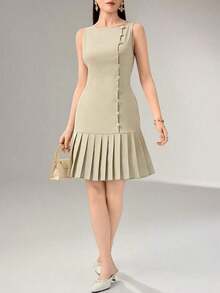 Vestido corto elegante de unicolor con dobladillo plisado y sin mangas - Caqui - Ver 5
