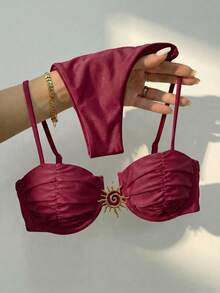 Bikinx Sexy Metallic Jewelry Solid Color Bikini Women Swimsuit Set For Summer Beach Vacation - 紅色 - 查看 1