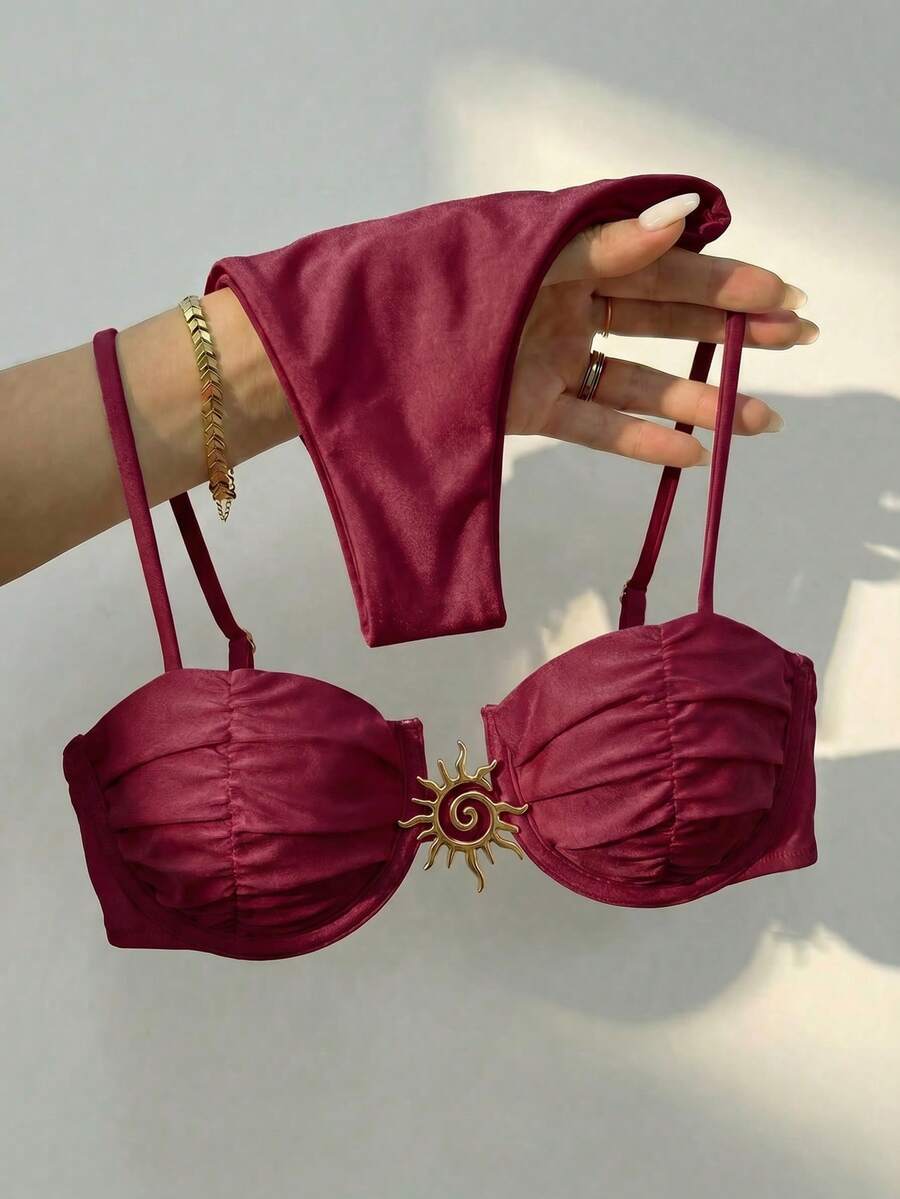 Bikinx Sexy Metallic Jewelry Solid Color Bikini Women Swimsuit Set For Summer Beach Vacation - 紅色 - 查看 1