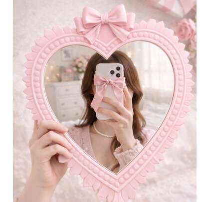 Heart-Shaped Bowknot Makeup Mirror, Cute And Stylish Desk & Wall Mirror For Kids' Rooms, Small And Charming Coquette-Style Decorative Mirror In Blush Pink, Cream White, Or Sage Green, Perfect For Bedrooms, Dorm Rooms, And Girly Room Decor, Great Gift For Girls And Teens