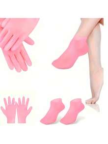 5-Pack Silicone Moisturizing Socks Set, 1 Pair Gloves And 1 Pair Foot Covers, Unscented, Super Tough, Non-Slip, Perfect Fit For Cracked Skin, Reusable Spa Socks For Softening Feet And Hands, Ideal For Cracked Heels And Rough Hand Care - 粉紅色 - 查看 6
