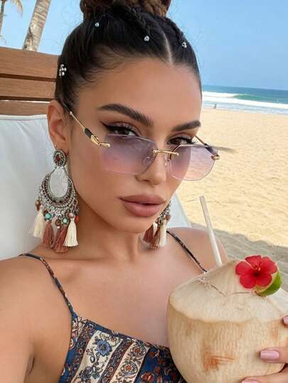 1pc Women's Frameless Edged Metal Bohemian Small Frame Retro Gradient Multi-Color Dopamine Ocean Slice Elegant Y2K Rectangle Frame Vacation Casual Hottie Glasses, Suitable For Beach, Sand, Travel, Street Photography, Dates, Parties, Driving, Outdoor