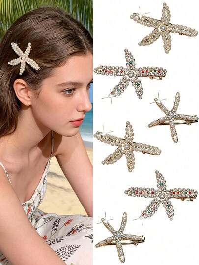 6pcs Women's Luxury Rhinestone Starfish Hair Clips, Faux Pearl Rhinestone Duck Clips, Side Clips, Bohemian Style, Gold Hair Clips, Women's Hair Accessories. Suitable For Daily Casual Wear, Shopping, Dates, Hawaii Travel, Beach Vacations. Essential For Summer Getaways.