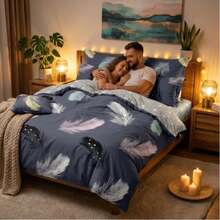 Set copripiumino in microfibra reversibile a 3 pezzi con stampa piume colorate, motivo grigio scuro, misure 160x200 180x200 220x200 - Grigio - Visualizzare 1