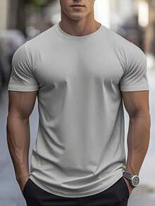 Men's Solid Color Short Sleeve T-Shirt, Comfortable, Breathable, For Summer. - 淺灰色 - 查看 4