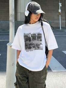 1pscCamiseta de mujer de manga corta con cuello redondo y estampado de eslogan, de ajuste holgado y casual, adecuada para uso diario y ocasiones de vacaciones. Blanca 100% Algodón - Blanco - Ver 1