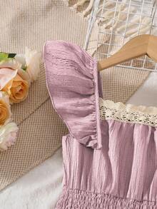 Mono informal con parches de encaje y volantes para niñas preadolescentes, primavera/verano - Rosa - Ver 5